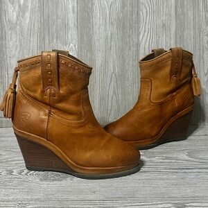 Ariat Pull On Leather Wedge Ankle Boots Tassel Western 10021667 Tan Womens 6B